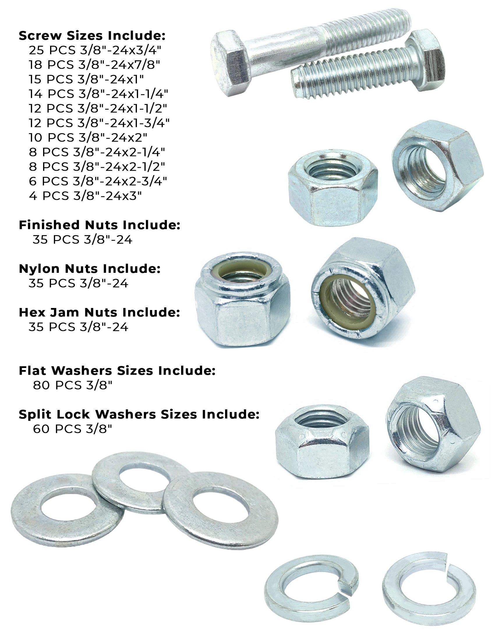 3/8"-24 Fine Grade 5 Hex Cap Screws, Nuts, & Washers - 378 PCS