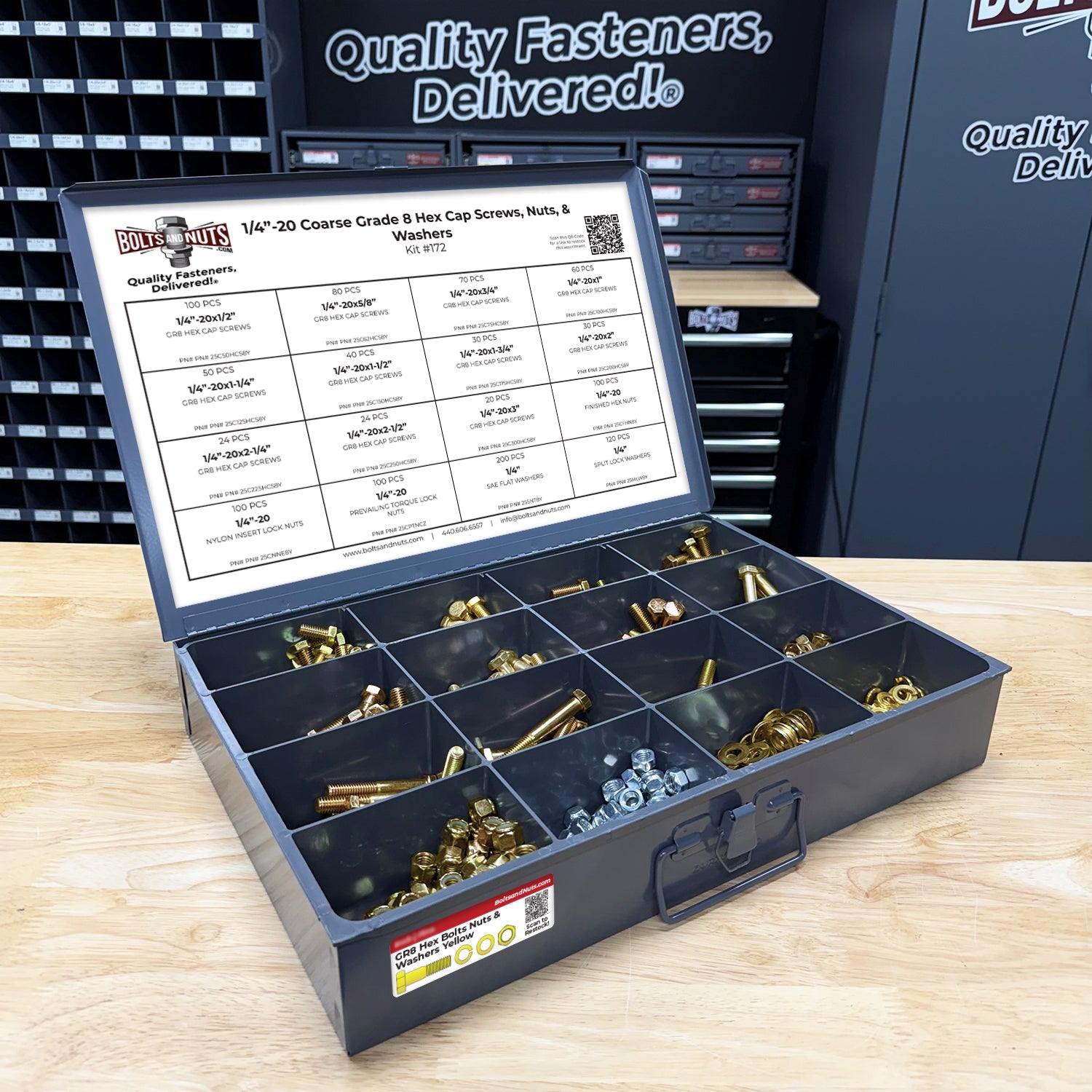 1/4"-20 Coarse Grade 8 Hex Cap Screws, Nuts, & Washers - 1149 PCS