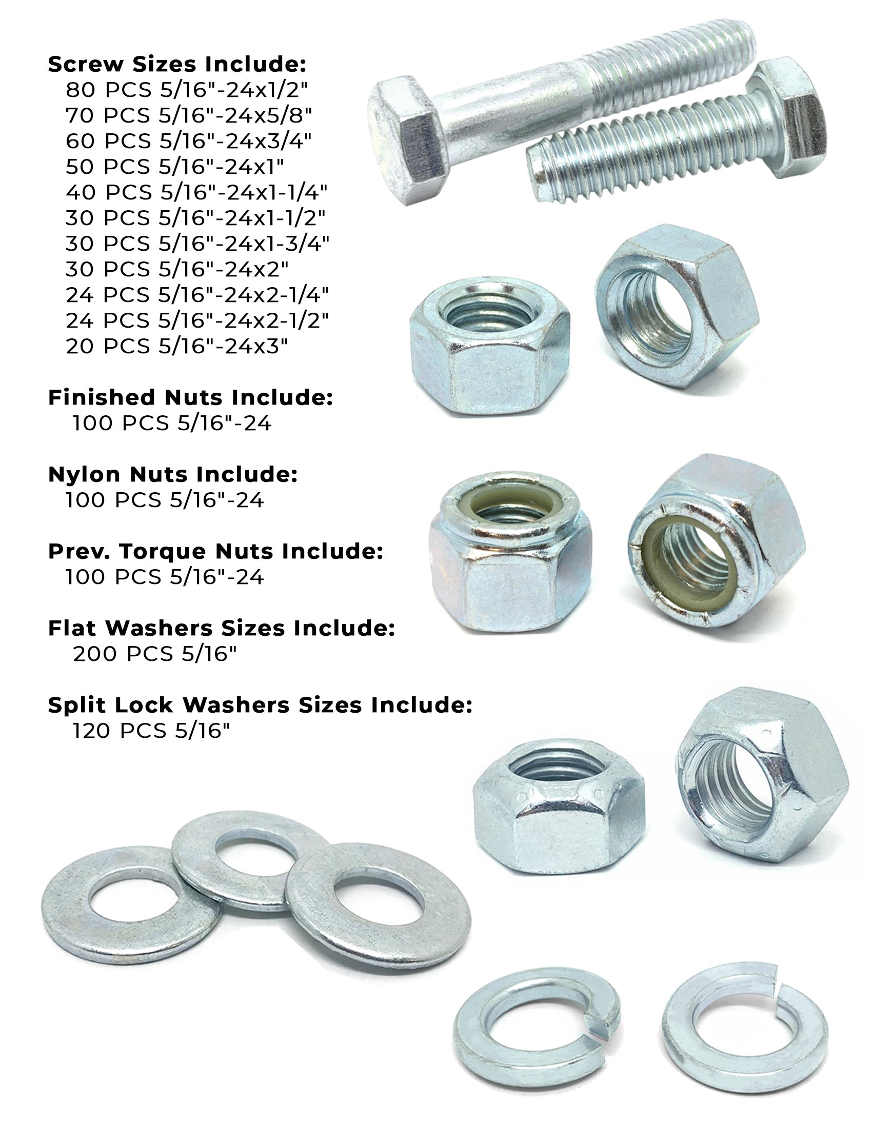 5/16"-24 Fine Grade 5 Hex Cap Screws, Nuts, & Washers - 1079 PCS