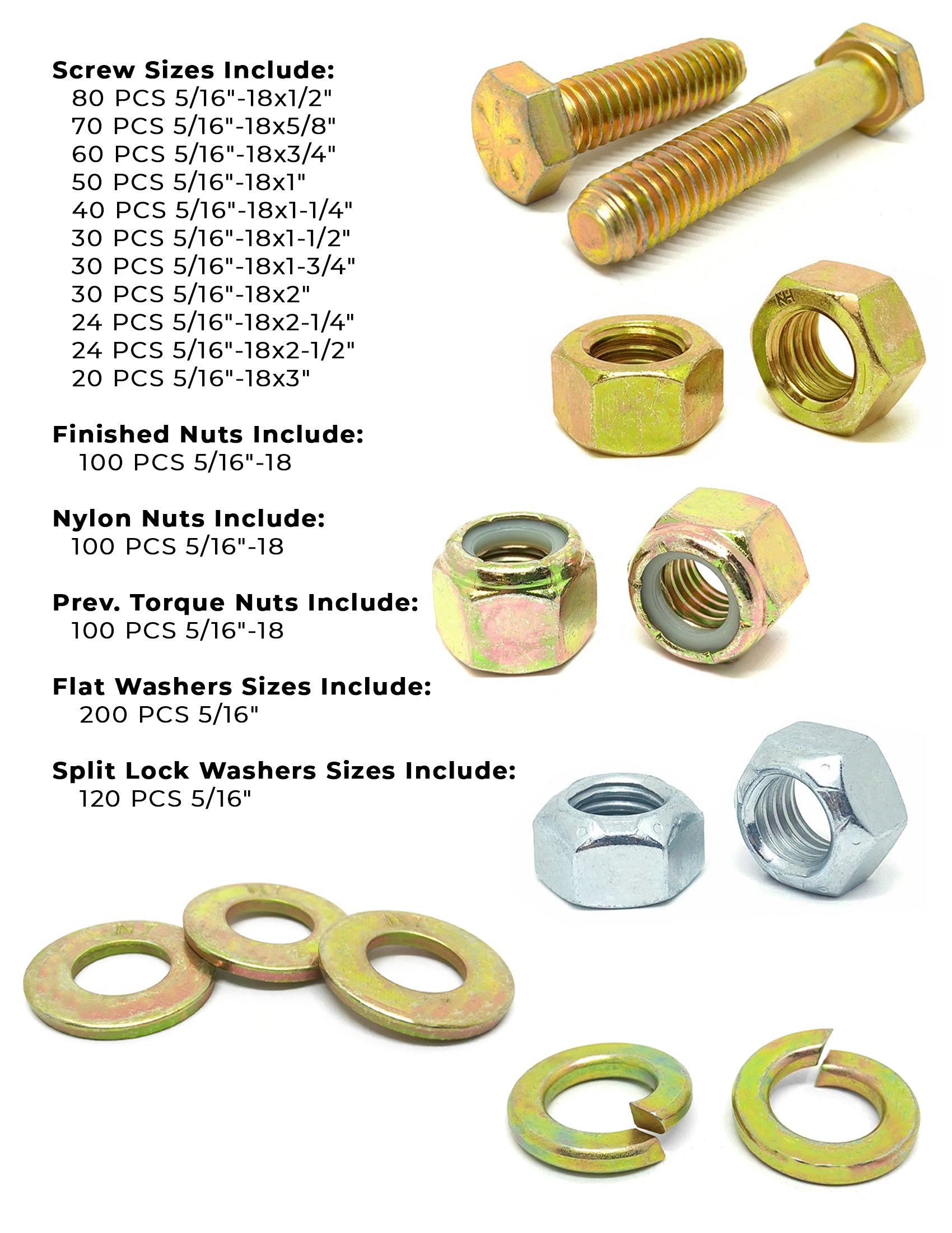 5/16"-18 Coarse Grade 8 Hex Cap Screws, Nuts, & Washers - 1079 PCS