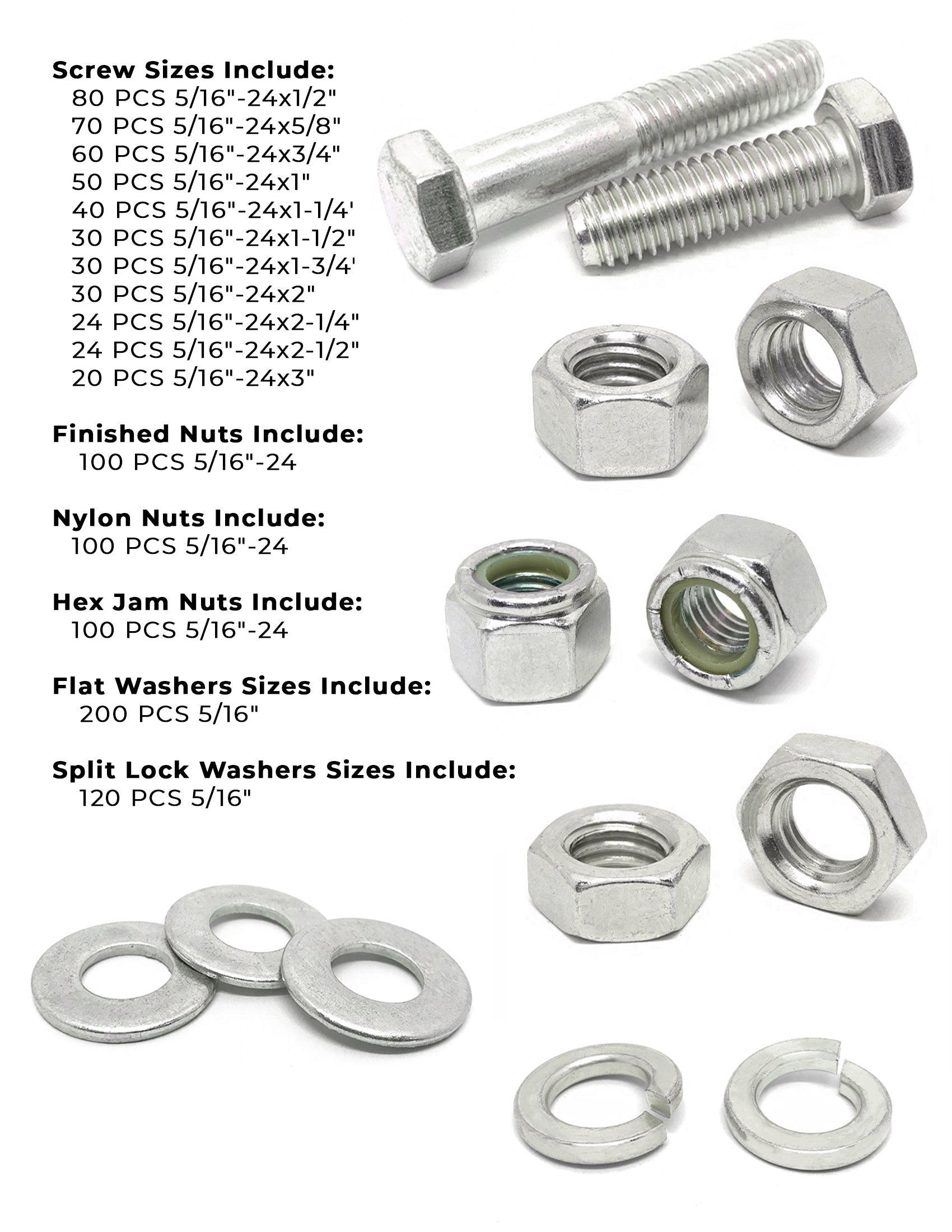 5/16"-24 Fine 18-8 Stainless Steel Hex Cap Screws, Nuts, & Washers - 1078 PCS