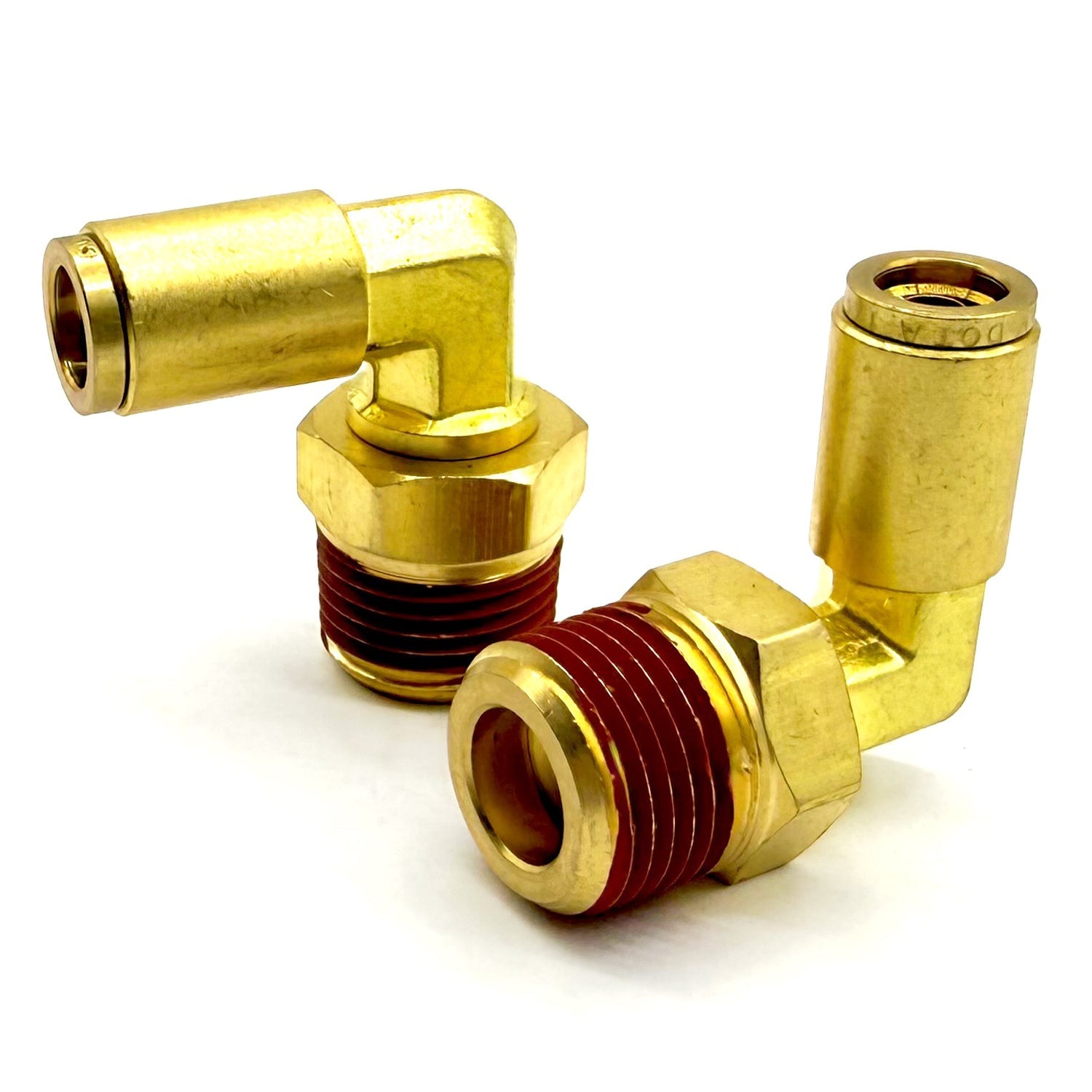 1/8" Tube to 1/8" NPT 90 Degree Elbow Male Pipe Connector, Brass D.O.T. Push to Connect Air Brake Fitting with Red Acrylic Thread Sealant