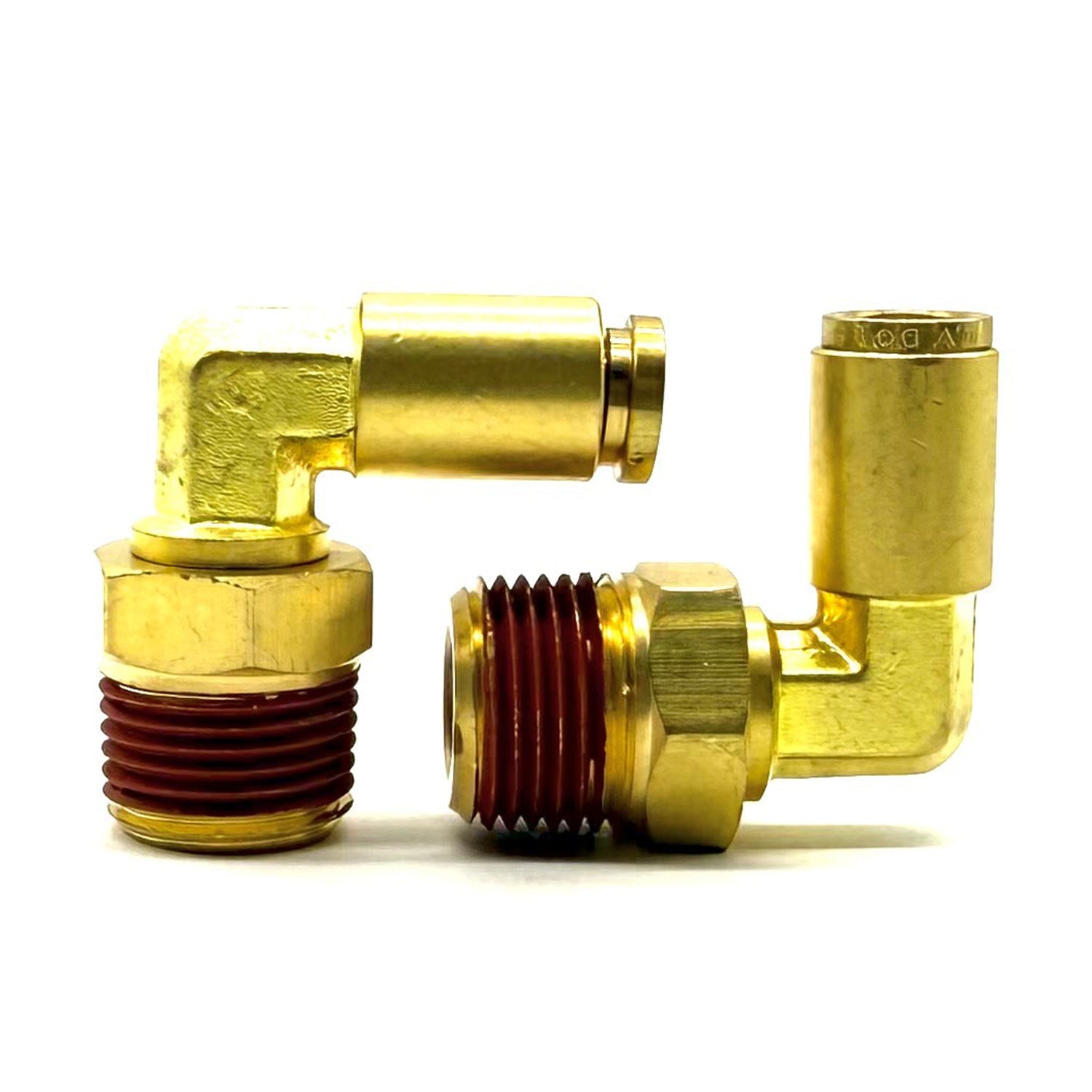 1/8" Tube to 1/8" NPT 90 Degree Elbow Male Pipe Connector, Brass D.O.T. Push to Connect Air Brake Fitting with Red Acrylic Thread Sealant