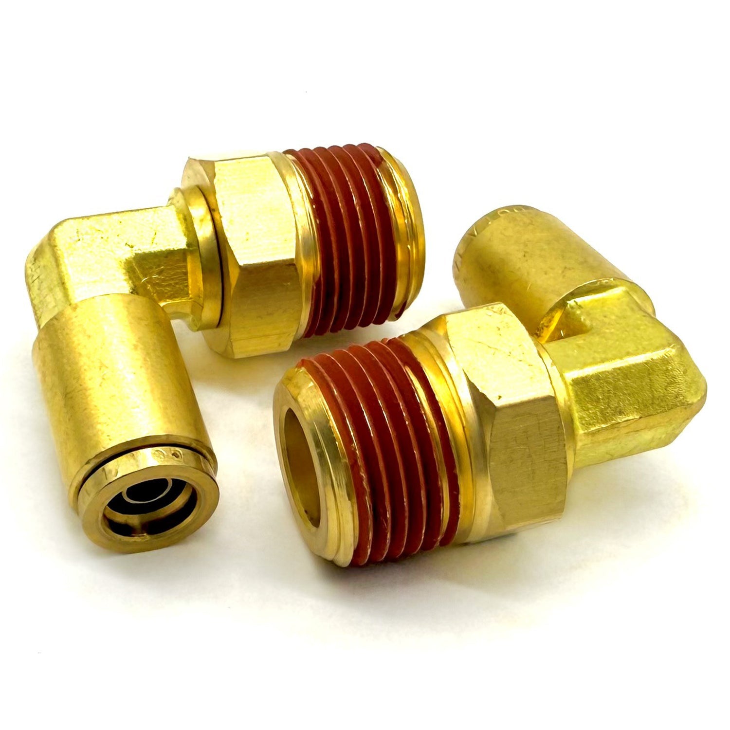 5/32" Tube to 1/8" NPT 90 Degree Elbow Male Pipe Connector, Brass D.O.T. Push to Connect Air Brake Fitting with Red Acrylic Thread Sealant