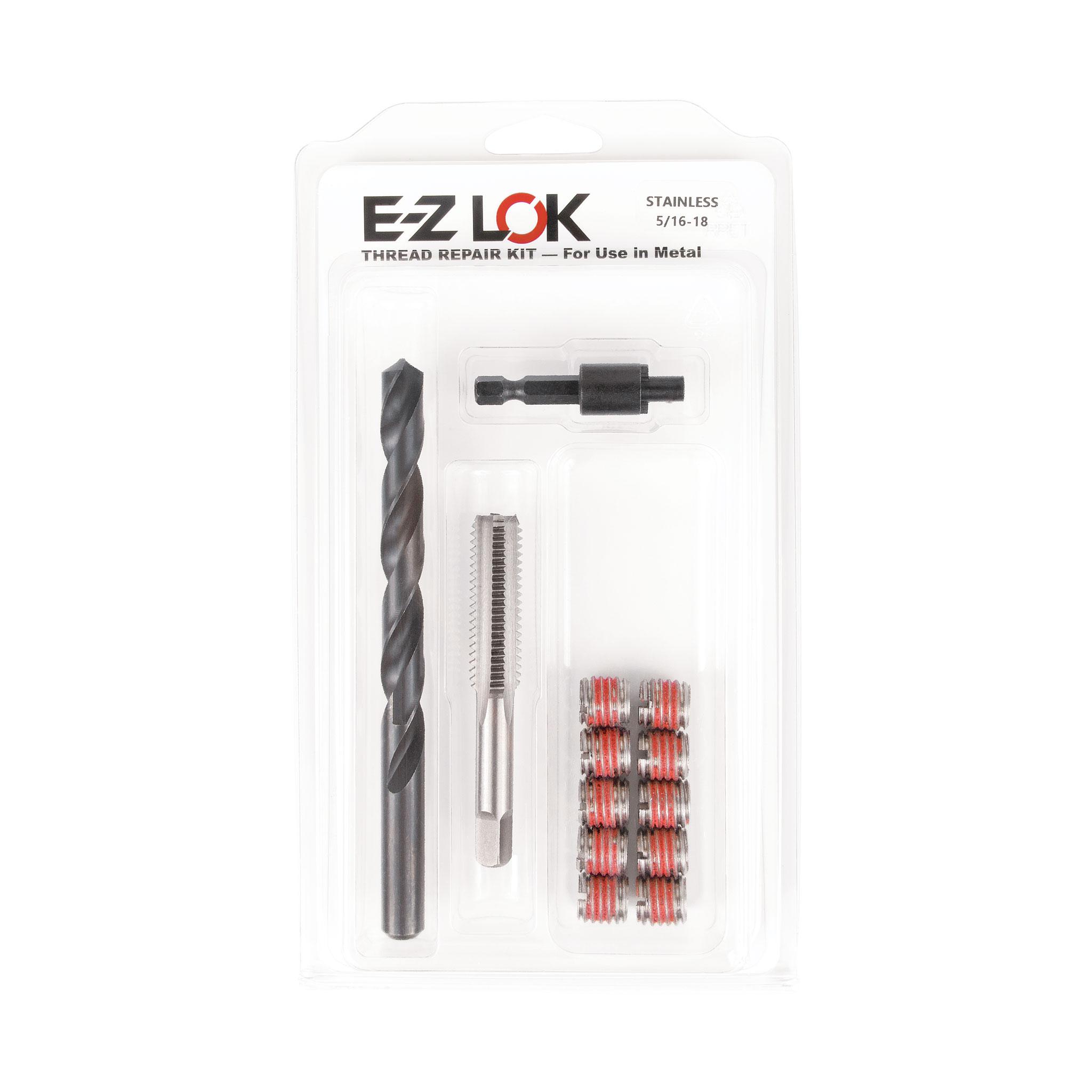 5/16"-18 x 1/2"-13 Stainless Steel Solid Wall Threaded Insert W/Red Loctite Standard Repair Kit with Inserts, Drill Bit, Tap, and Install Tool