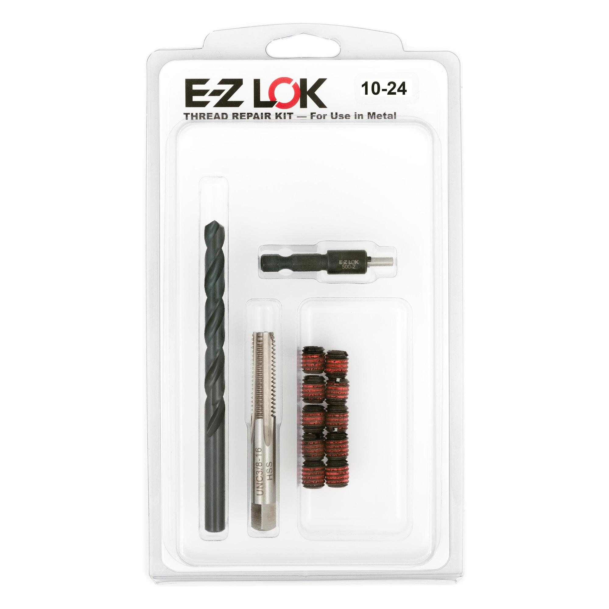 #10-24 x 3/8"-16 Carbon Steel Solid Wall Threaded Insert W/Red Loctite Standard Repair Kit with Inserts, Drill Bit, Tap, and Install Tool