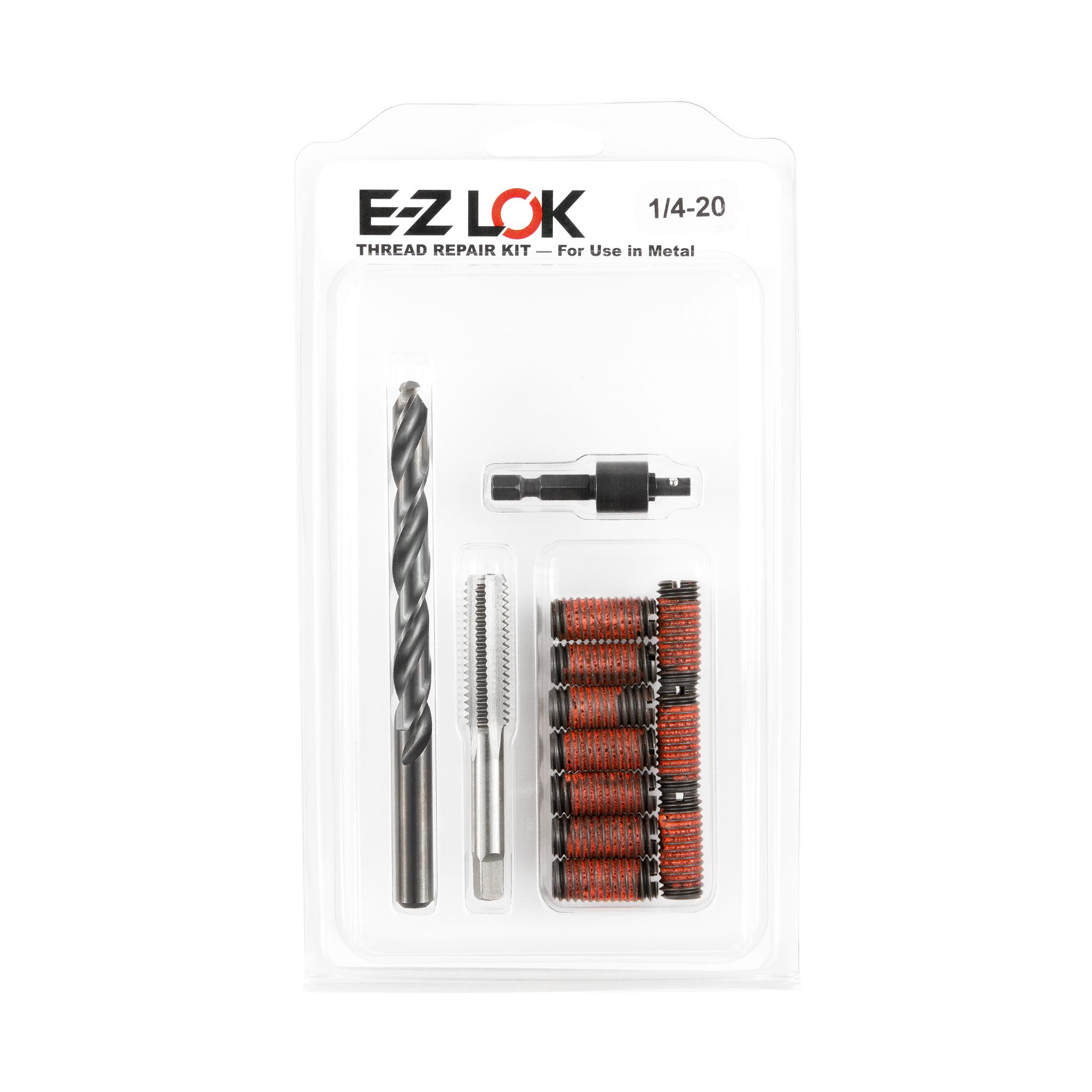 1/4"-20 x 7/16"-14 x 1" Length Carbon Steel Solid Wall Threaded Insert W/Red Loctite Standard Repair Kit with Inserts, Drill Bit, Tap, and Install Tool