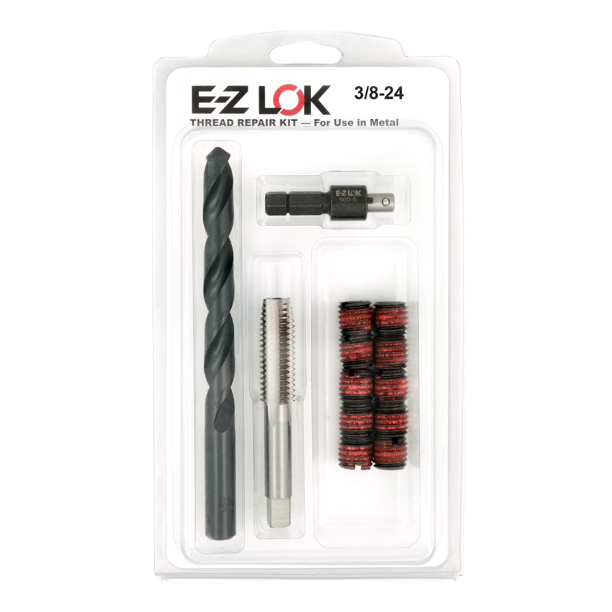 3/8"-24 x 9/16"-12 Carbon Steel Solid Wall Threaded Insert W/Red Loctite Standard Repair Kit with Inserts, Drill Bit, Tap, and Install Tool